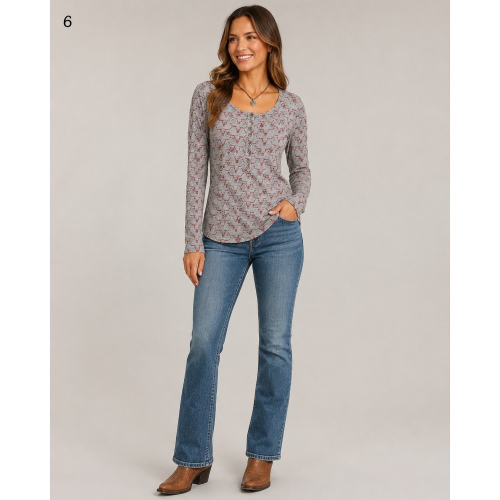 ARIAT Long Sleeve Bull Skull Henley Shirt Womens Small Gray Red Cowgirl